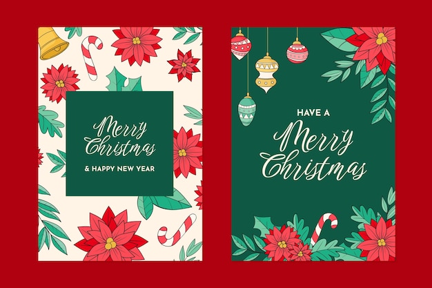 Conjunto de tarjetas de felicitación de navidad dibujadas a mano