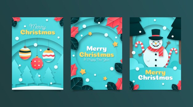 Vector gratuito conjunto de tarjetas de felicitación navideñas estilo papel