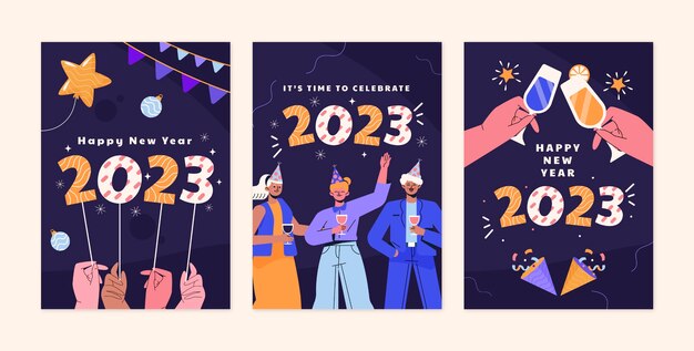 Conjunto de tarjetas de felicitación planas de año nuevo 2023