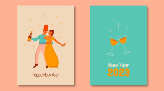 Conjunto de tarjetas de felicitación planas de año nuevo 2023
