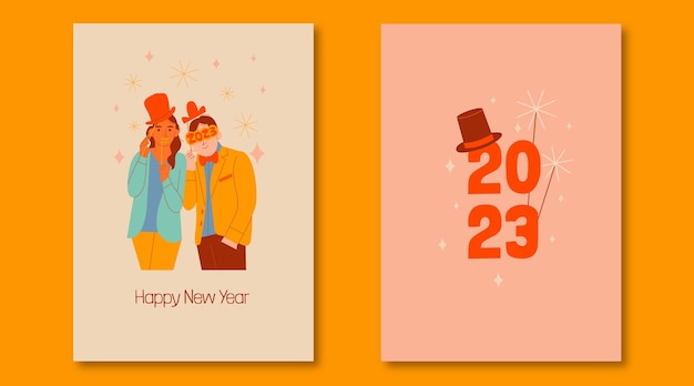 Conjunto de tarjetas de felicitación planas de año nuevo 2023