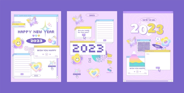 Conjunto de tarjetas de felicitación planas de año nuevo 2023