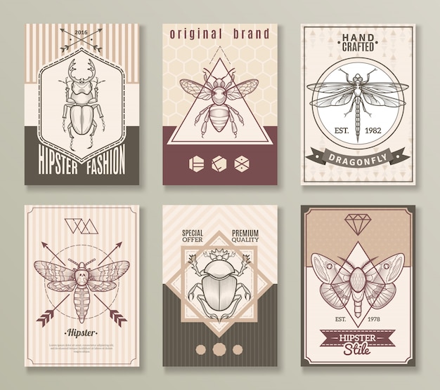 Vector gratuito conjunto de tarjetas hipster de insectos