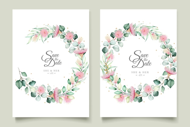 Vector gratuito conjunto de tarjetas de invitación de boda con flores de eucalipto