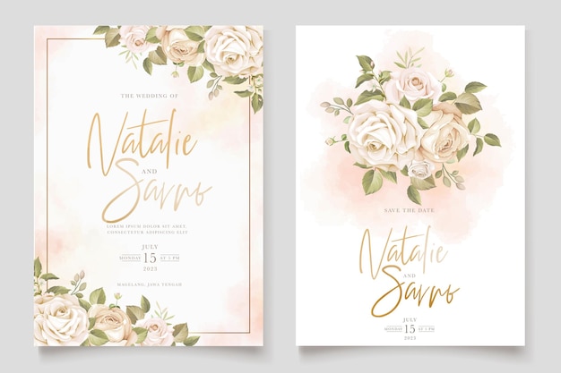 Vector gratuito conjunto de tarjetas de invitación de boda de flores y hojas de rosas