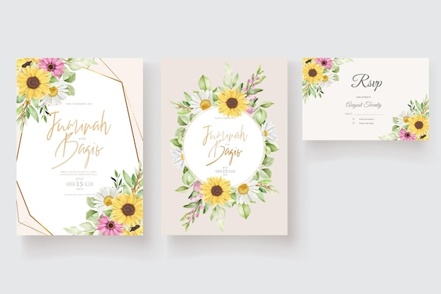 Conjunto de tarjetas de invitación de boda con flores de sol y margaritas de acuarela