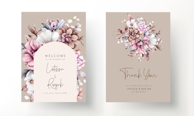 Vector gratuito conjunto de tarjetas de invitación de boda con hermosas flores corona