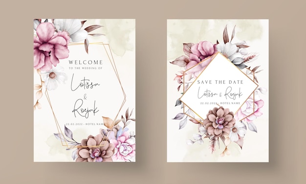 Vector gratuito conjunto de tarjetas de invitación de boda con hermosas flores corona