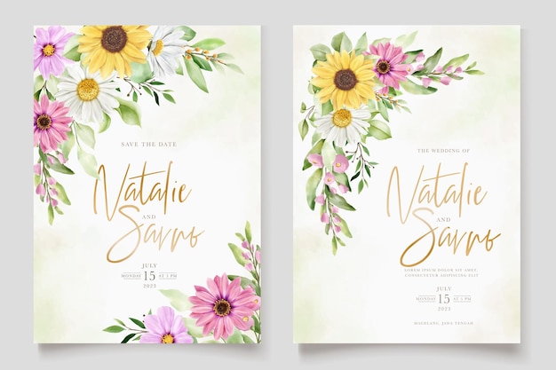 Conjunto de tarjetas de invitación de flores de margarita y sol de acuarela