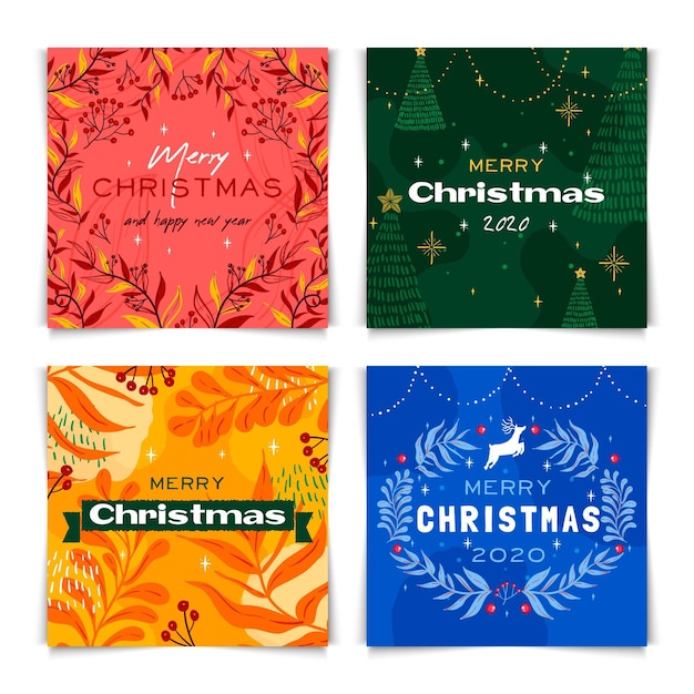 Vector gratuito conjunto de tarjetas de navidad coloridas dibujadas a mano