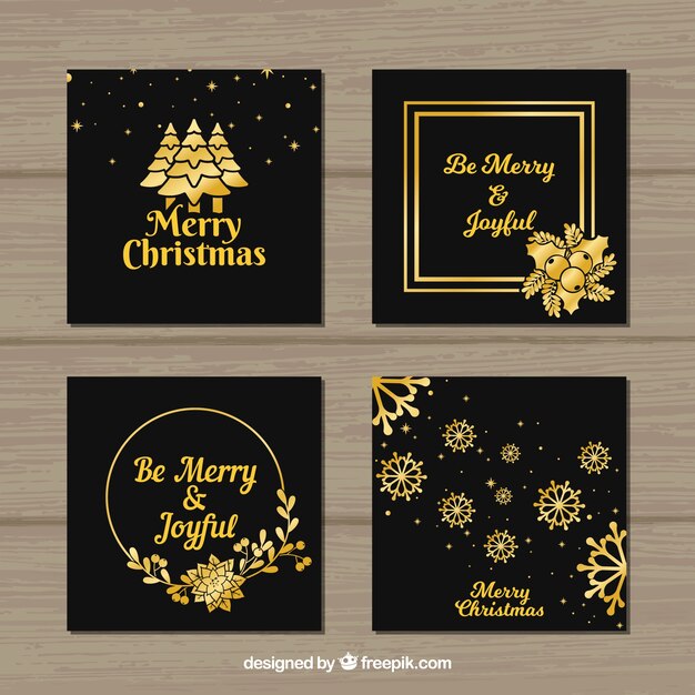 Conjunto de tarjetas de navidad cuadradas en negro y dorado