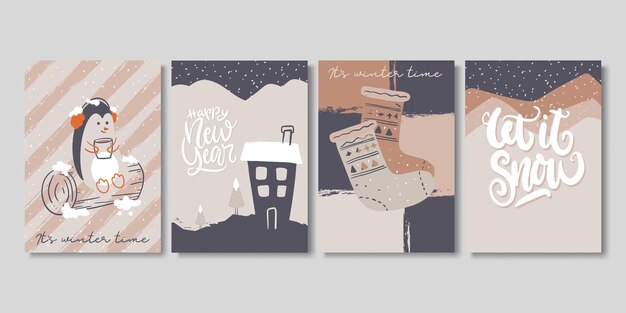 Conjunto de tarjetas de Navidad y invierno creativas artísticas.