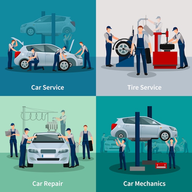 Conjunto de tarjetas de servicios de reparación de automóviles.