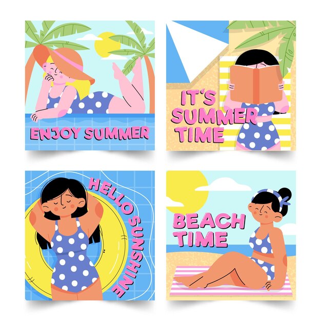 Conjunto de tarjetas de verano dibujado a mano