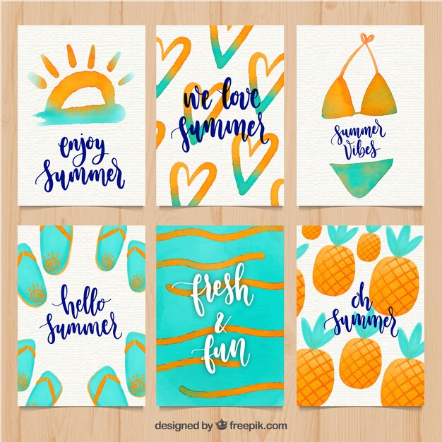 Conjunto de tarjetas de verano con elementos de acuarela 