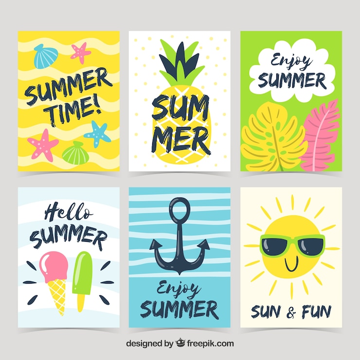 Vector gratuito conjunto de tarjetas de verano con elementos de playa