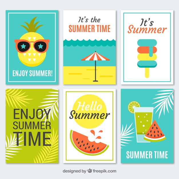 Conjunto de tarjetas de verano con elementos de playa