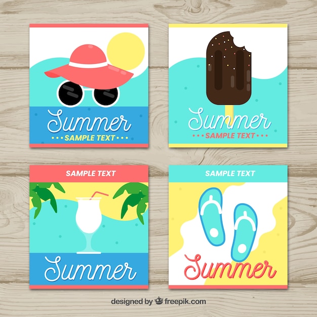 Vector gratuito conjunto de tarjetas de verano con elementos de verano