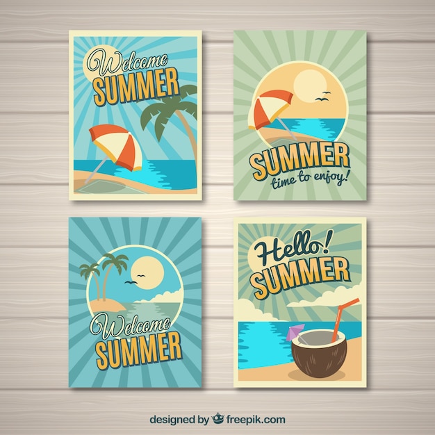 Vector gratuito conjunto de tarjetas de verano con elementos vintage