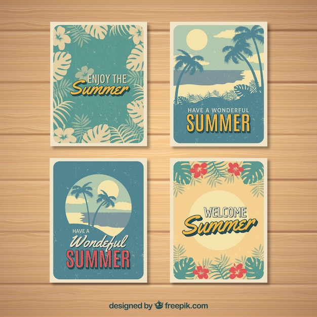 Vector gratuito conjunto de tarjetas de verano con plantas en estilo vintage