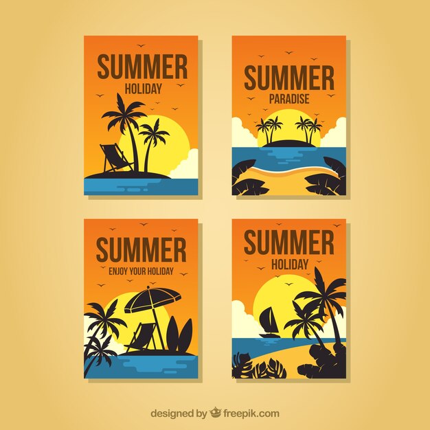 Conjunto de tarjetas de verano con vista de playa
