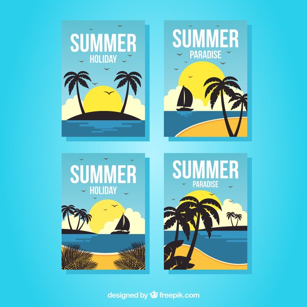 Conjunto de tarjetas de verano con vista de playa
