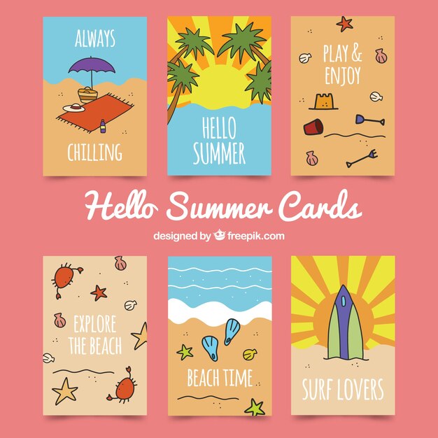Conjunto de tarjetas de verano con vistas de playa