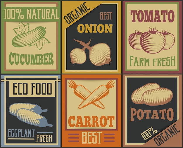 Vector gratuito conjunto de tarjetas de verduras vintage