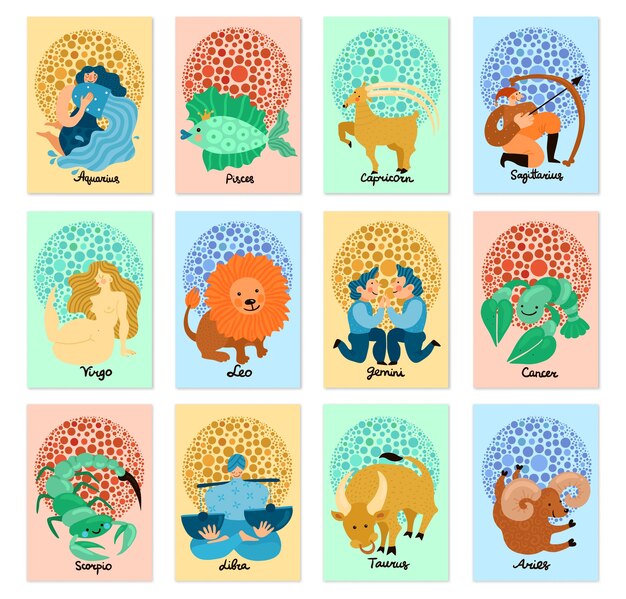 Conjunto de tarjetas verticales con signos del zodíaco dibujados a mano aislados sobre fondo pastel