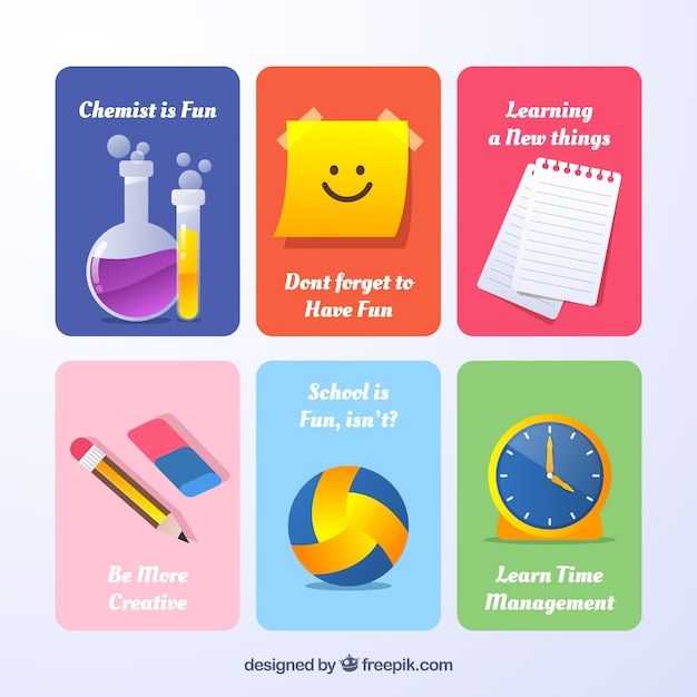 Vector gratuito conjunto de tarjetas de vuelta al cole en estilo flat