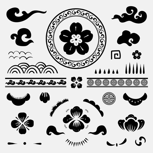 Conjunto de tatuajes temporales de flores tradicionales chinas negras