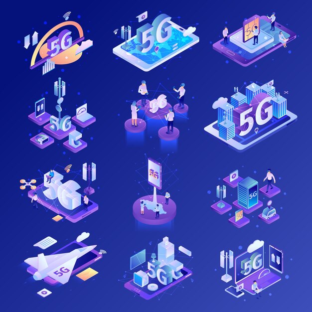 Conjunto de tecnología de Internet isométrica 5g con iconos aislados de dispositivos electrónicos y elementos de infraestructura de red ilustración vectorial