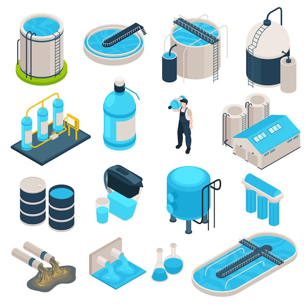 Conjunto de tecnología de purificación de agua isométrica de iconos aislados con piscinas de aireación de matraces de laboratorio de barriles e ilustración de vector de trabajador