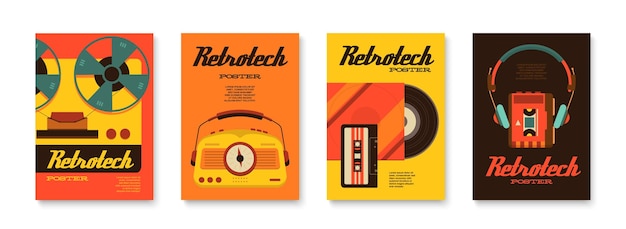 Conjunto de tecnología retro de cuatro carteles verticales con imágenes de texto adornadas de cassettes de vinilo e ilustración vectorial de cinta