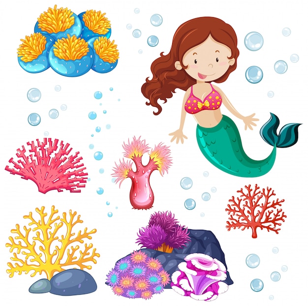 Vector gratuito conjunto de tema lindo sirena y mar