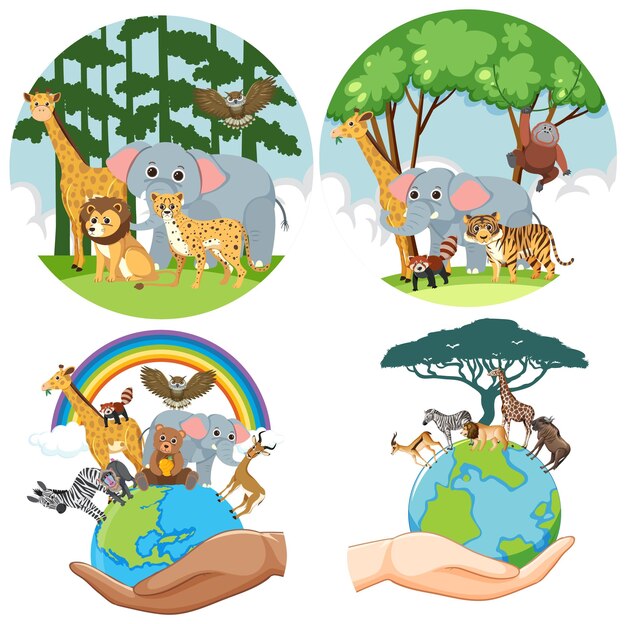 Conjunto de templo circular para salvar la tierra animal y el bosque.