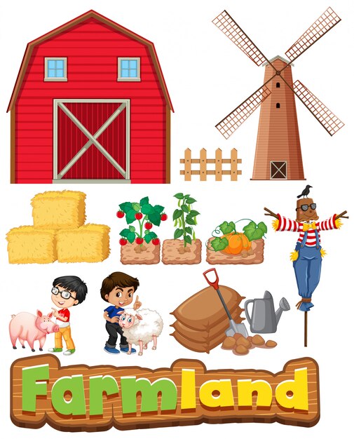 Conjunto de tierras de cultivo con edificios y niños