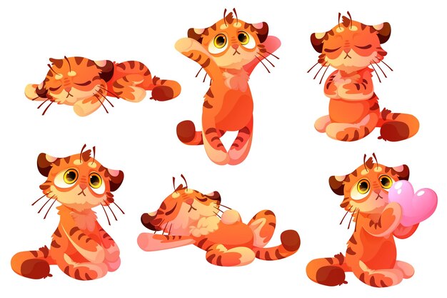 Conjunto de tigres de peluche, juguete para bebé, lindo personaje de cachorro animal, mascota divertida con hocico kawaii durmiendo en la espalda, sosteniendo el corazón, sentado y acostado. Gatito salvaje de dibujos animados con piel de rayas naranja, iconos vectoriales