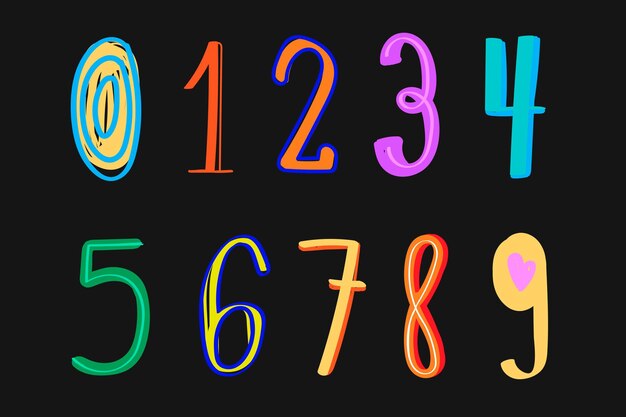 Conjunto de tipografía de doodle colorido de vector de números