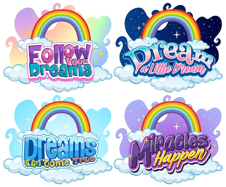 Vector gratuito conjunto de tipografía de fuente de unicornio diferente con arco iris aislado