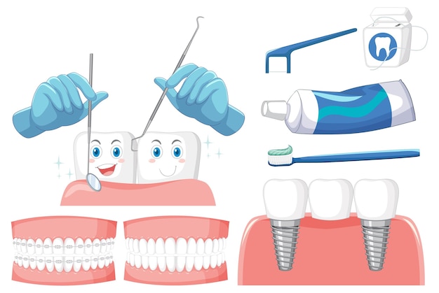 Vector gratuito conjunto de todo tipo de dientes sobre fondo blanco.