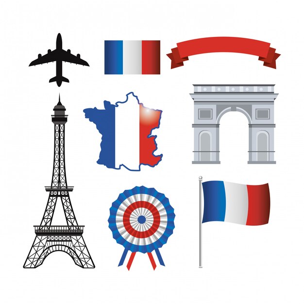 Conjunto de la torre eiffel y la bandera de Francia con la cinta