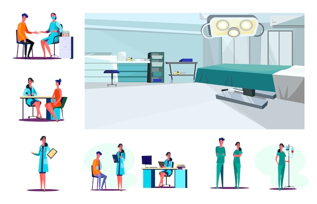 Vector gratuito conjunto de trabajador de laboratorio seguro, médico y enfermeras