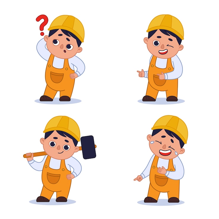 Vector gratuito conjunto de trabajadores dibujados a mano que hacen preguntas, guiñan el ojo, sostienen un martillo, ríen lágrimas