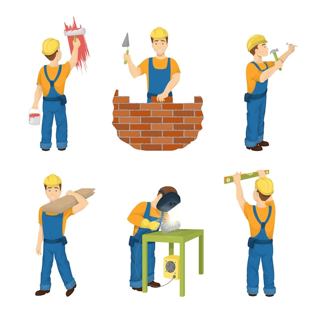 Vector gratuito conjunto de trabajo de construcción sobre fondo blanco constructores en casco con herramientas de trabajo