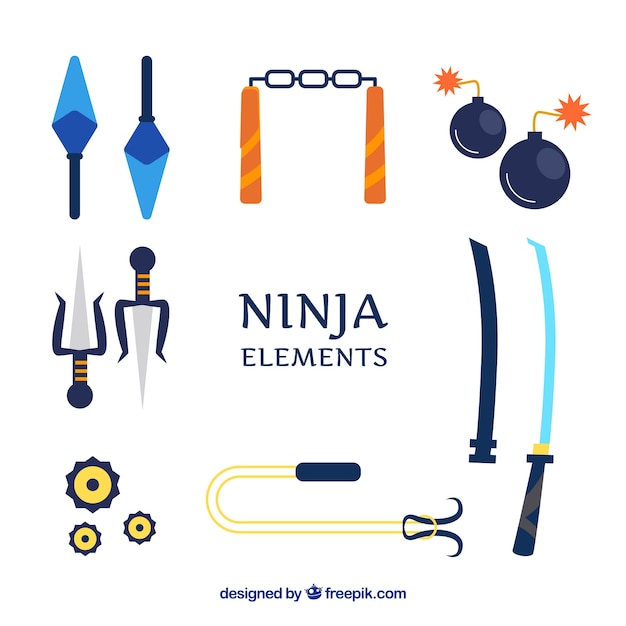 Vector gratuito conjunto tradicional de elementos de ninja con diseño plano