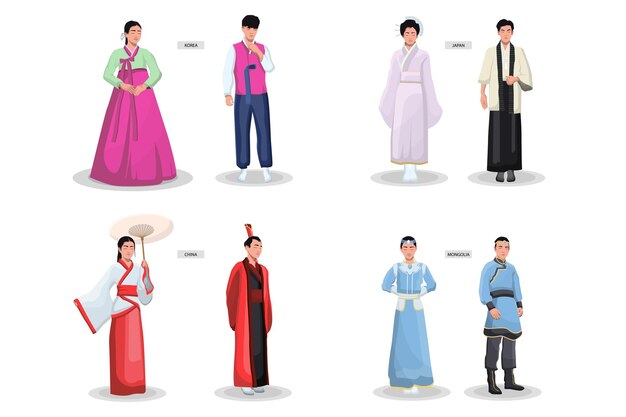 Conjunto de trajes tradicionales asiáticos. Kimonos femeninos antiguos, ropa masculina, japonés, chino, vietnamita, traje nacional coreano