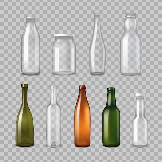 Vector gratuito conjunto transparente de botellas de vidrio realista