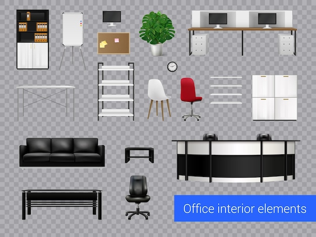 Vector gratuito conjunto transparente de elementos interiores de oficina