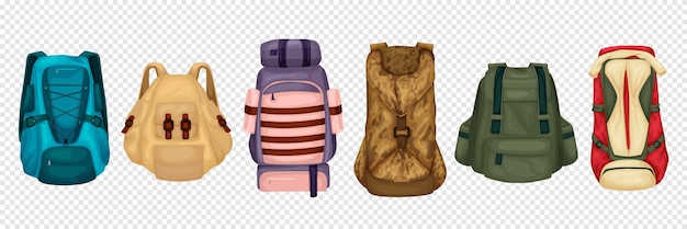 Vector gratuito conjunto transparente de mochila de viaje de diferentes modelos de colores y formas de bolsas de asa ilustración vectorial aislada